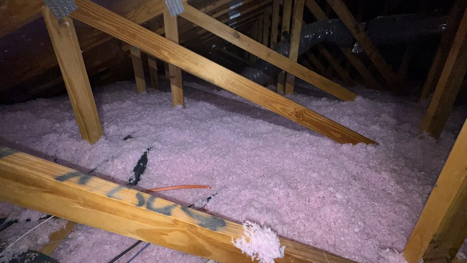 Blown fiberglass, one continuous layer across the joists