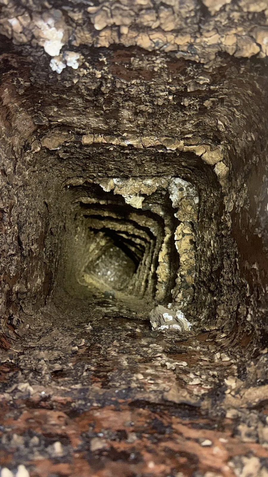 Inside the flue: heavy creosote buildup on the liner
