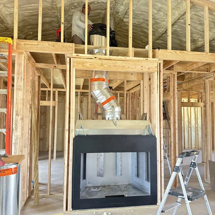 Firebox in a new-build frame, Central Texas