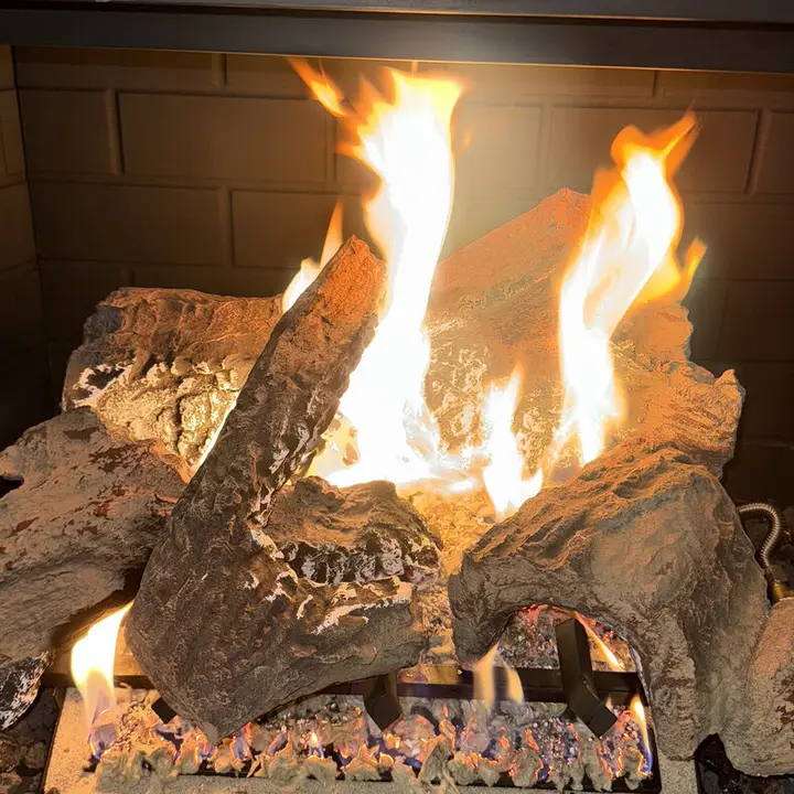 Gas fireplace lit, Central Texas